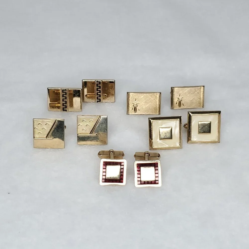 Vintage Cufflinks Gold Tone Square Rectangle Swank Hickok Unbranded Lot Of 5 Pr